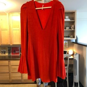 Free people red/orange long sleeve v-neck dress